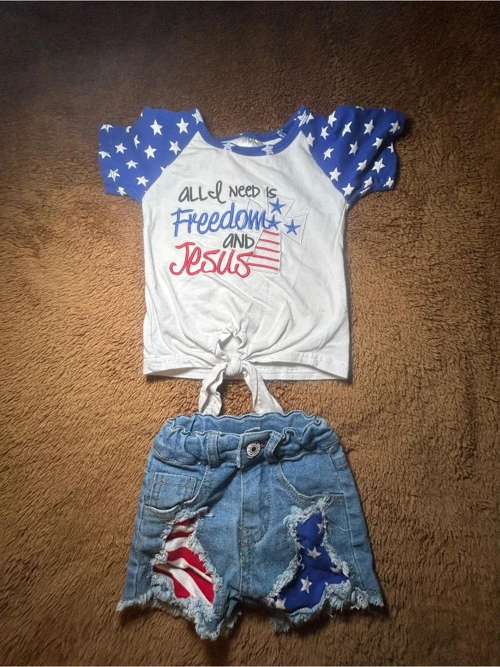 Girls Patriotic Tie-Front Tee & Denim Star Shorts - Red, White & Blue